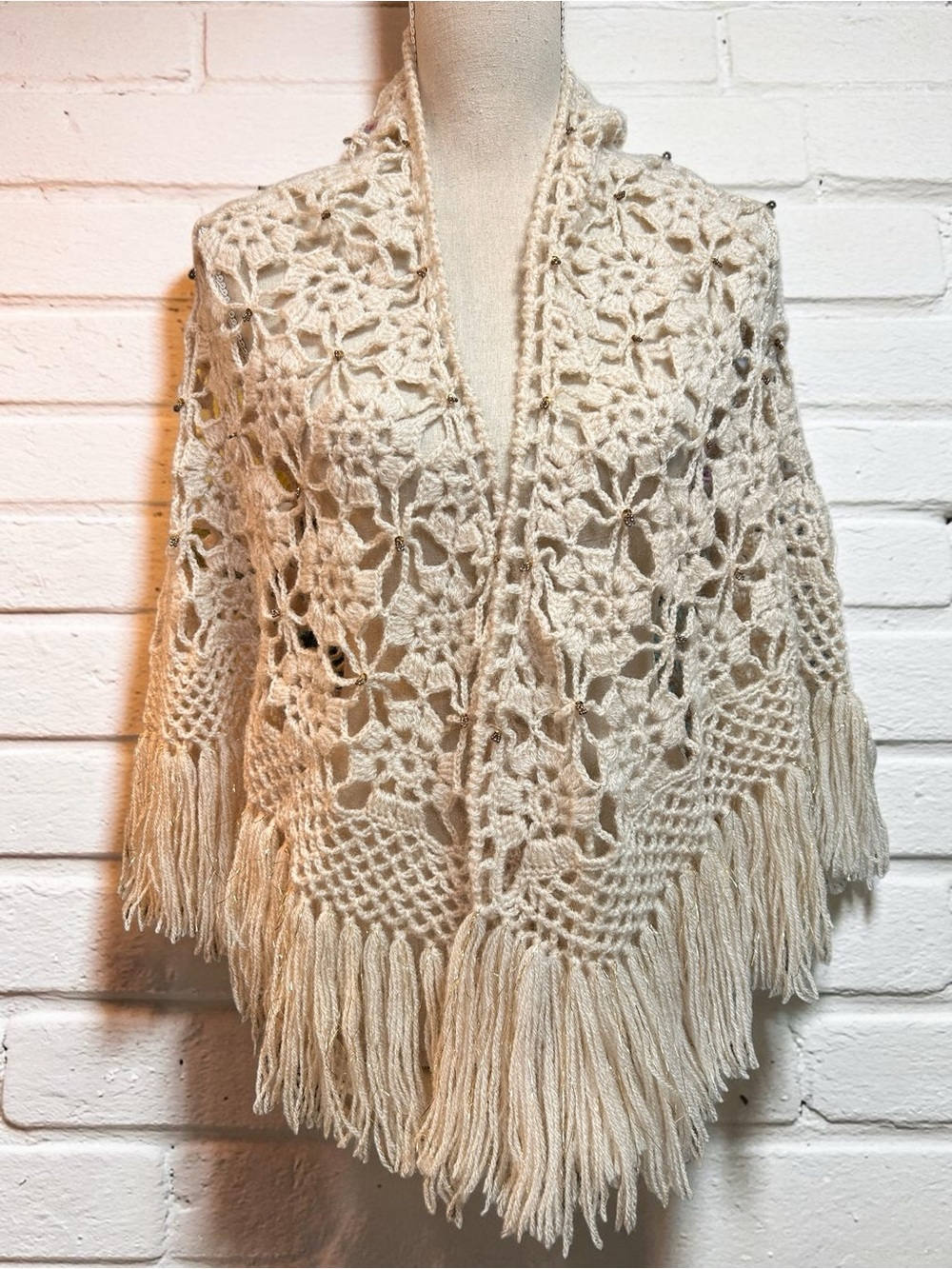 Handmade Crochet Ivory
Fringe Shawl Wrap, beaded details Cottagecore Boho Cozy